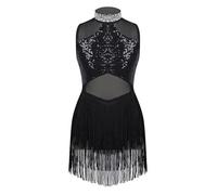 inlzdz Kids Girls Shiny Sequins Sleeveless Tassel Latin Dance Dress Contemporary Jazz Salsa Tango Dancewear Costume Black 11-12 Years