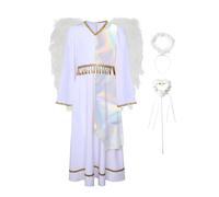 inlzdz Kids Girls White Angel Costume Christmas Nativity Panto Fancy Dress with Wings Fairy Stick and Headband White Silver 11-12 Years