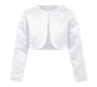 inlzdz Little Girls Cardigan Flower Girls Wedding Dress Coat Applique Satin Long Sleeve Bolero Shrug Outerwear White 9-10 Years