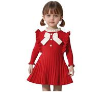 inlzdz Little Girl's Casual Long-Sleeved Knitted Dress with Bow Elegant Princess Dress School Uniform for School Banquet Birthday Party Red 6-7 Years