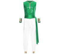 inlzdz Mens Arabian Prince Costume Halloween One Piece Shiny Sequin Tops Jumpsuits With Belted And Sleeves Green XXL
