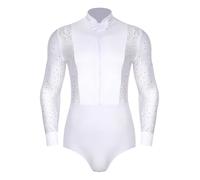 inlzdz Mens Latin Dance Shirt Ballroom Leotard One Piece Sparkly Rhinestone Tuxedo Leotard Dance Wear White M