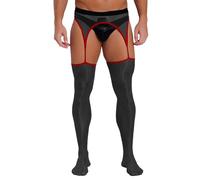 inlzdz Mens Opening Crotch Pantyhose High Rise High Cut Thigh Stockings Glossy Sissy Leggings Black&Red One Size