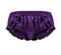 inlzdz Mens Silk Satin Sissy Girlie Lace Ruffled Maid Briefs Panties Xdress Crossdress Nightwear Dark Purple L