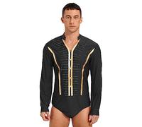 inlzdz Mens Stand Collar Color Block Latin Ballet Dance Top Long Sleeve Dance Shirt Leotard Bodysuit V Neck-Black E XL