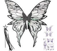 inlzdz Shiny Fairy Wings Sparkle Butterfly Wings With Fairy Wand Sticker Costume Set For Halloween Party Black 2 One Size