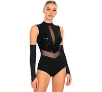 inlzdz Women Sparkly Sequin Latin Ballroom Dance Leotard Mock Neck Sleeveless Gymnastics Leotard with Gloves Black S