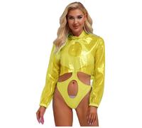 inlzdz Women Sparkly Transparent Sheer Tops Hooded Long Sleeve Cropped Tops Loose Beachwear Cover Up Yellow XL