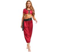 inlzdz Womens Arabian Jasmine Costume Princess Dress Up Halloween Belly Dance Top Pants Burgundy L