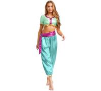 inlzdz Womens Arabian Jasmine Costume Princess Dress Up Halloween Belly Dance Top Pants Mint Green M