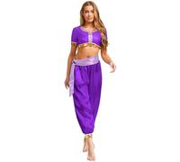 inlzdz Womens Arabian Jasmine Costume Princess Dress Up Halloween Belly Dance Top Pants Purple S