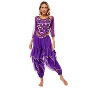 inlzdz Women's Belly Dance Costume Shiny Sequins Self-Tie Back Crop Top with Baggy Harem Pants Bellydancer Outfits Purple One Size