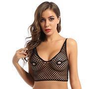 inlzdz Womens Fishnet See Through Exposed Nipples Lingerie Bralette Longline Bras Bikini Top Black 4XL