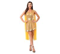 inlzdz Womens Glorious Greek God Dress Costume Roman Toga Sequins Dress Halloween Outfits Gold M