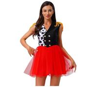 inlzdz Womens Killer Clown Costume Circus Ringmaster Halloween Dress Sleeveless Tassel Epaulets Tulle Hem Dress Black Red M