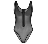 inlzdz Women's Mesh Sheer See Through Zipper High Cut Thong Teddy Leotard Bodysuit Swimsuit Black 2X-Large