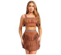 inlzdz Womens Native Indian Princess Costume Pcs Faux Suede Dress Crop Tops With Skirts For Halloween Party Brown L