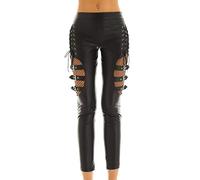 inlzdz Women's PVC Leather Fishnet Splice Legging Pants with Buckles Side Lace Up Skinny Trousers Black L