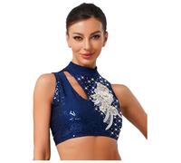 inlzdz Women's Shiny Lyrical Dance Tops Sleeveless Applique Ballet Skating Gymnastics Modern Dance Crop Top Navy Blue L