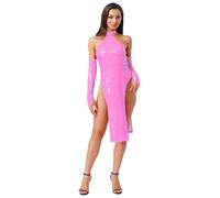 inlzdz Womens Wet Look PVC Leather High Slit Tight Dress Mock Neck Slim Dresses with Removable Sleeves Pink XL