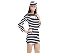 Inmate Costume - Black White Striped Set, Short Sleeve T Shirt | Three Pieces Prison with Pants Hat, Cosplay Catchers Costumes for Stage Performance Couple Props
