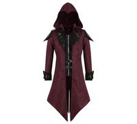 Inmeilifus Men's Medieval Costume Assassins Hoodie Steampunk Jacket Viking Cosplay Tailcoat Renaissance Vintage Halloween Costume (Red, 3X-Large)