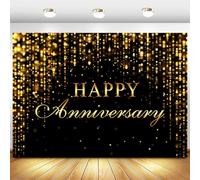 InMemory Black Gold Happy Anniversary Backdrop Glitter Sign Banner | Shining Golden Marriage Wedding Anniversary Party Decorations Flowing Curtain Tapestry Photography Background 7x5ft