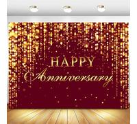 InMemory Burgundy Gold Happy Anniversary Backdrop Glitter Sign Banner | Shining Dark Red Marriage Wedding Anniversary Party Decorations Flowing Curtain Tapestry Photography Background 7x5ft