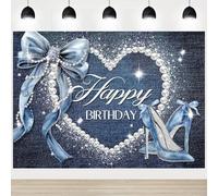 InMemory Denim Diamonds Birthday Party Backdrop Blue Bow Glitter Crystal Stars Theme Bday Party Decorations Photography Photo Background Banner for Girls Women 7x5ft