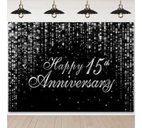 InMemory Happy 15th Anniversary Backdrop Sign Banner Decorations Black Silver Glitter Bokeh Dots Cheers to 15 Years Marriage Wedding Theme Party Background Photoshoot Photo Props 6x4ft