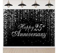 InMemory Happy 25th Anniversary Backdrop Sign Banner Decorations Black Silver Glitter Bokeh Dots Cheers to 25 Years Marriage Wedding Theme Party Background Photoshoot Photo Props 6x4ft