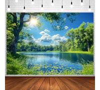 InMemory Natural Lake Photo Backdrop Background Blue Sky Lakeside Sun Forest Green Trees Scenery Banner Picnic Camping Hiking Spring Summer Party Decorations Photo Studio Props 7x5ft
