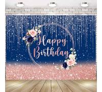 InMemory Navy Rose Happy Birthday Backdrop Decorations for Women Floral Blue Blush Pink Glitter Bokeh Spots Dots Photo Background Shining Birthday Party Supplies Banner 6x4ft
