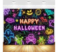 InMemory Neon Happy Halloween Backdrop Sign Banner Spooky Glow Party Decorations Ghouls Bat Spide Birthday Prom Photo Props Background for Photoshoot 7x5ft