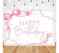 InMemory Pink Bow Happy Birthday Backdrop Banner Party Decorations for Girls Women Coquette White Pearls Bowknot Bday Photography Background Photo Booth Props 6x4ft