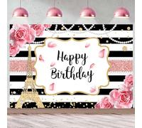 InMemory Pink Floral Happy Birthday Backdrop for Women Black White Stripe Rose Flowers Paris Effel Tower Pearls Photography Background Cake Table Banner Wall Decor Photo Shoot Studio Props 8x6ft