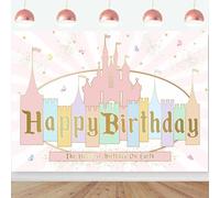 InMemory Princess Castle Birthday Backdrop Party Decorations Pink Pastel Rainbow Magical Fairytale Happiest Birthday On Earth Sign Banner Glitter Girls Bday Photoshoot Background 6x4ft