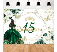 InMemory Quinceanera 15 Backdrop Mis Quince 15 Anos Green Gold Floral Flowers Butterfly Crown 15th Birthday Party Photography Background for Girls Princess Photo Booth Studio Props Banner 8x6ft