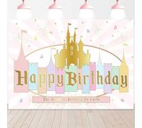 InMemory Rainbow Castle Birthday Backdrop for Girls Princess Photography Background Glitter Gold Dots Butterfly Colorful Happiest Birthday On Earth Party Decorations Banner 7x5ft