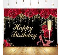 InMemory Red Gold Happy Birthday Backdrop for Women Rose Flowers Floral Wall Party Decorations High Heels Glitter Gold Dots Bday Decor Photography Photo Prop Background 5x3ft