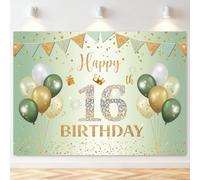 InMemory Sage Green Happy 16th Birthday Backdrop Sign Photo Photography Background Glitter Gold Sequins Balloons Theme Birthday Party Decorations Banner 6x4ft