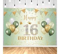 InMemory Sage Green Happy 16th Birthday Backdrop Sign Photo Photography Background Glitter Gold Sequins Balloons Theme Birthday Party Decorations Banner 6x4ft
