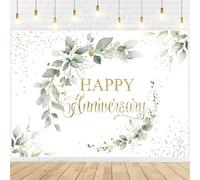 InMemory Sage Green Happy Anniversary Banner, Greenery Wedding Anniversary Backdrop, Couple Cheers to Marriage Background, Eucalyptus Leaves Memorial Party Decorations 6x4ft