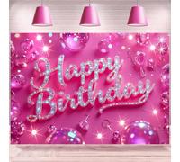 InMemory Shiny Neon Happy Birthday Backdrop Hot Pink for Girls Women | Glitter Sequins Diamonds Birthday Sign Party Decorations Banner Shining Bday Photography Background 6x4ft