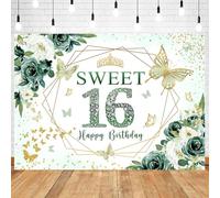 InMemory Sweet 16 Birthday Backdrop Floral Green Roses Glitter Gold Butterfly Princess Girls Sixteen 16th Birthday Theme Party Decoration Banner Bday Cake Table Background 8x6ft