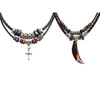 INMOFN 2 Pieces Wolf Shark Tooth and Cross Necklace for Women Men,Adjustable Double PU Leather Cord Necklace