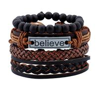 INMOFN 4 Pcs Leather Wrap Bracelet Wooden Beaded Bracelets Bangle for Men Women Believe Leather Cuff Tribal Wrist-Band Adjustable