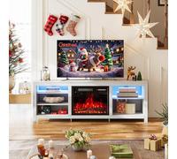 INMOZATA Electric Fire Insert TV Stand, White Entertainment Center Console Table with 23'' Fireplace, 12 Colors Flame Effect and LED Frame Light Strip, 5 Levels Flame Burning Speed, for 78" TV