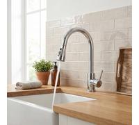 INMOZATA Kitchen Mixer Taps with Spring-Assisted Semi-Pull-Out Sprayer, 360° Swivel Single Handle High-Arc Pull-Down Stainless Steel Sink Mixer Tap with 3 Functions, Polished Chrome