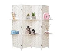 INMOZATA Room Divider with Shelves, 4 Panel Craft Paper Woven Room Divider Free Standing, Folding Screens and Room Dividers Screen Privacy Panel for Office Bedroom Restaurant, 160 * 170cm (White)